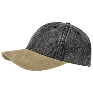 Washed Denim Cap with Suede Bill Strapback Hat